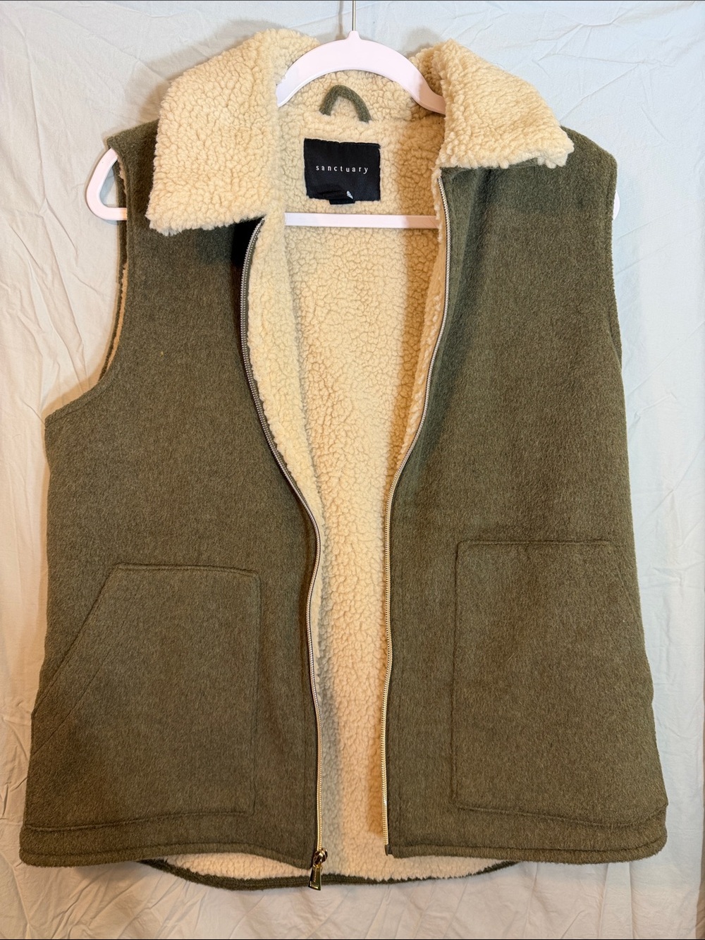 Sanctuary Olive Green Sherpa-Lined Vest with Cream Collar